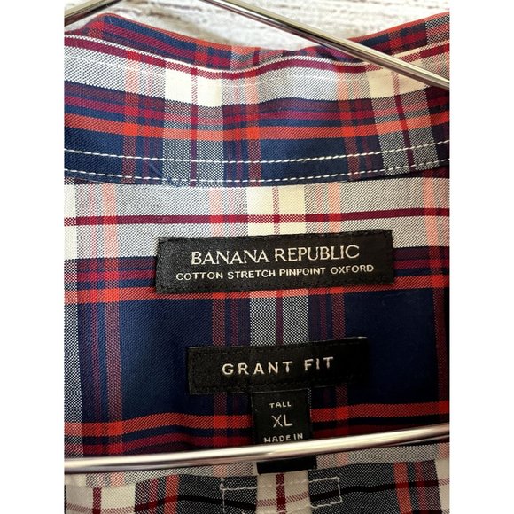 Banana Republic Men's XL Tall Blue/Red/White Plaid Grant Fit  Long Sleeve Shirt - Picture 3 of 4